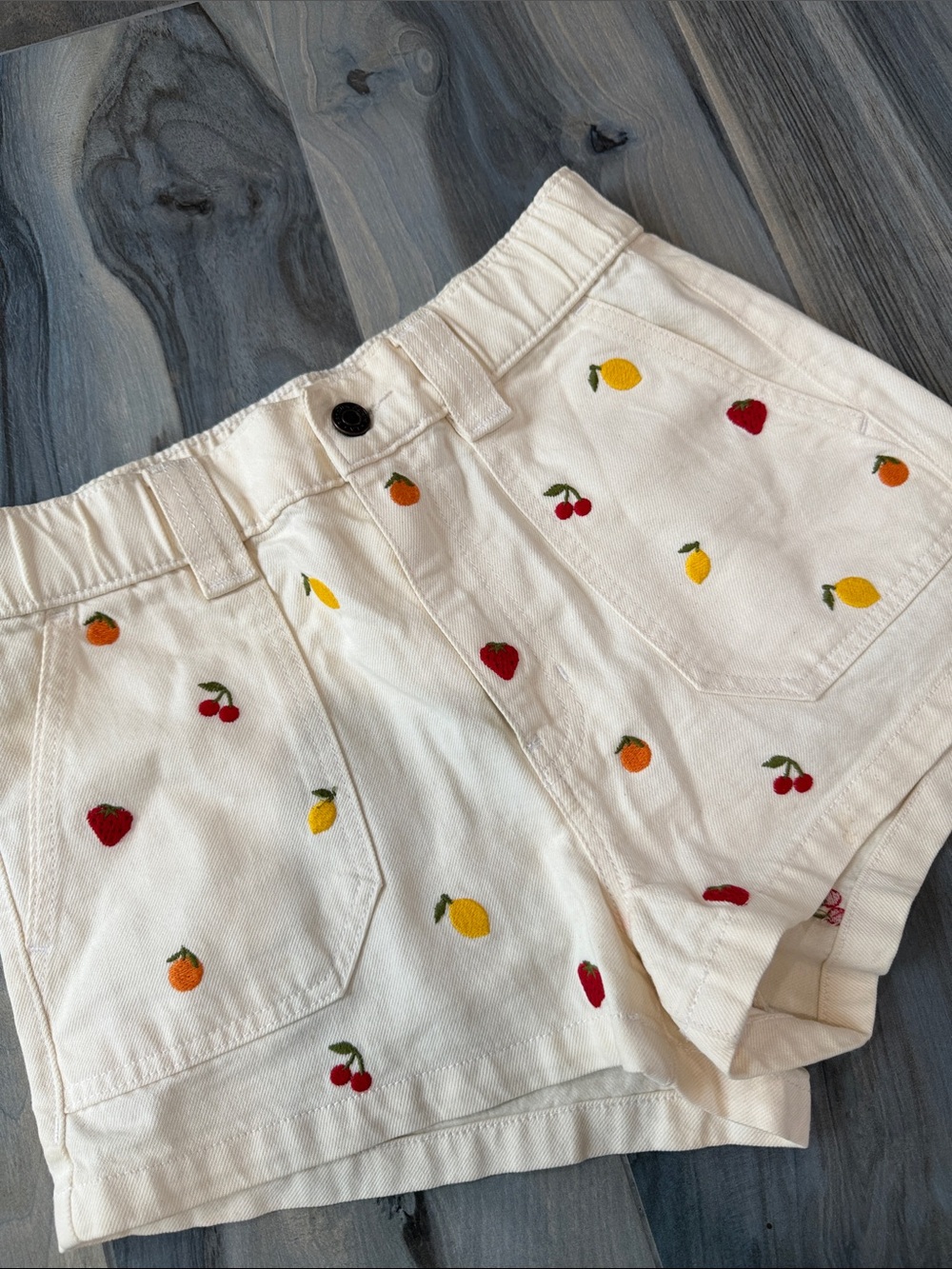 Cream Embroidered Fruit Denim Shorts